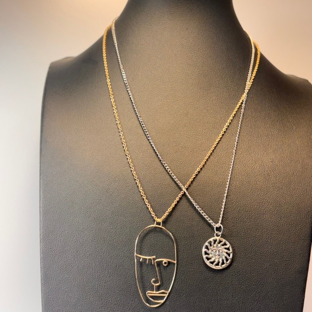 Abstract Face Celestial Sun Necklace Set Gold Silver Boho Whimsygoth Jewelry